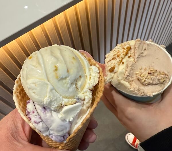 Two people hold different servings of artisanal ice cream—one in a waffle cone with scoops of white, blueberry swirl, and vanilla flavors, and the other in a cup with creamy beige and caramel-drizzled scoops. The setting features a modern, wood-panelled counter with warm lighting.